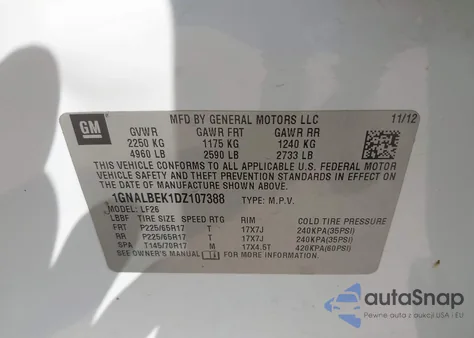 2013 Chevrolet Equinox Ls z USA, uszkodzony, nr VIN 1GNALBEK1DZ107388